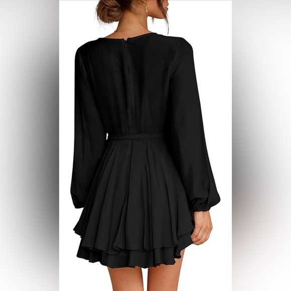 Cosonsen Women's Deep V-Neck Long Sleeve Tie Waist Ruffle Mini Swing Dress - Picture 3 of 11